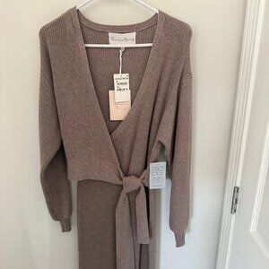 Mocha, long sweater dress with waist tie.